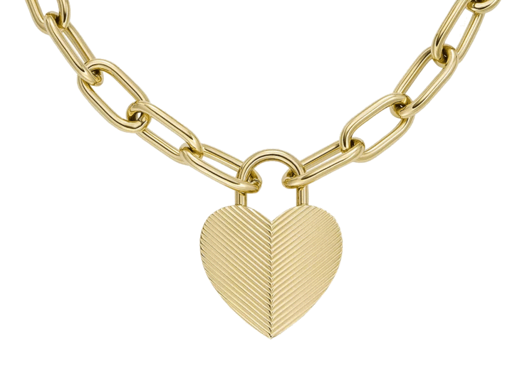 Fossil Harlow Linear Texture Heart Gold-Tone Stainless Steel Pendant Necklace JF04656710