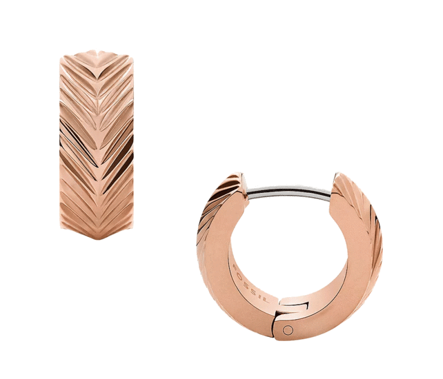 Fossil Harlow Linear Texture Rose Gold-Tone Stainless Steel Hoop Earrings JF04662791